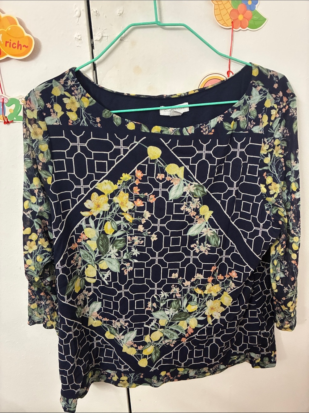 Floral Geometric Print Women’s Blouse - Navy with Yellow Flowers